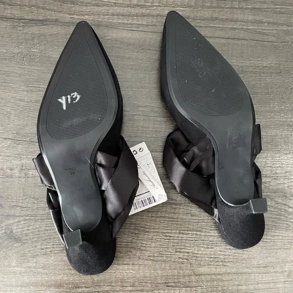 NWT Mango Classic Solid Black Genuine Leather Tied Down Knot Heeled Mules Shoes - Picture 5 of 8